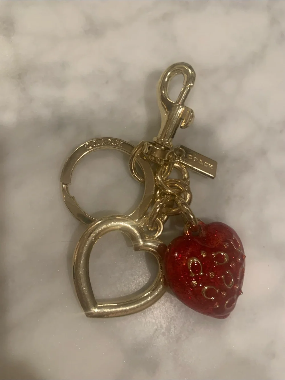 Coach Gold Heart Keychain with Red Glass Heart Charm